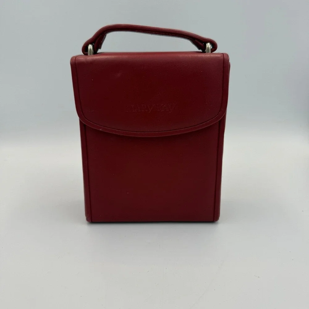 Mary Kay Red Faux Leather Travel Jewelry Case Organizer with Mirror and Handle